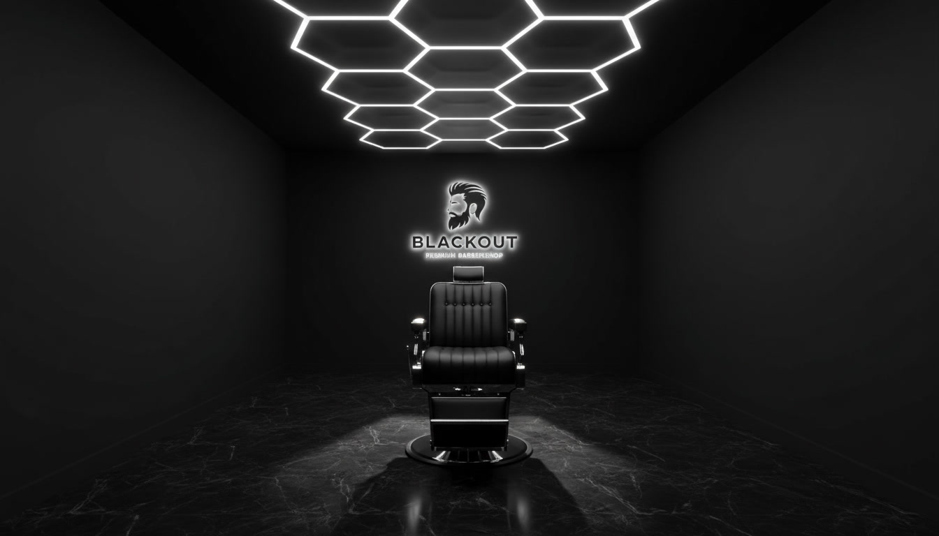 Ambiente escuro e luxuoso dentro da Blackout Barbershop Maia